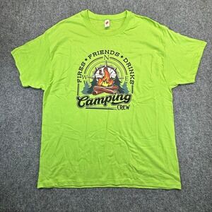 Hanes Camping Crew T-Shirt Mens XL Lime Green Excellent Fires Friends Drinks Tee
